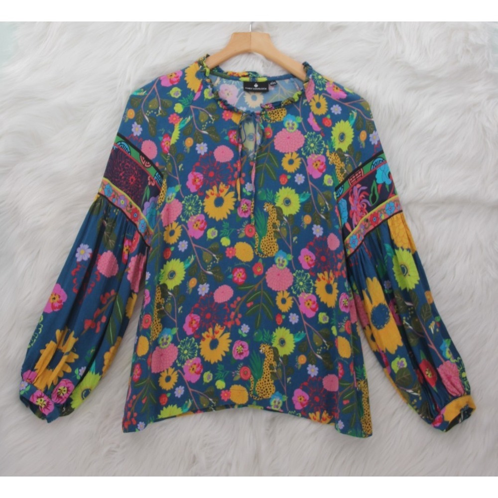 Emily Lovelock Sz L Lightweight Balloon Sleeve Maximalist Top Shirt Blouse Boho